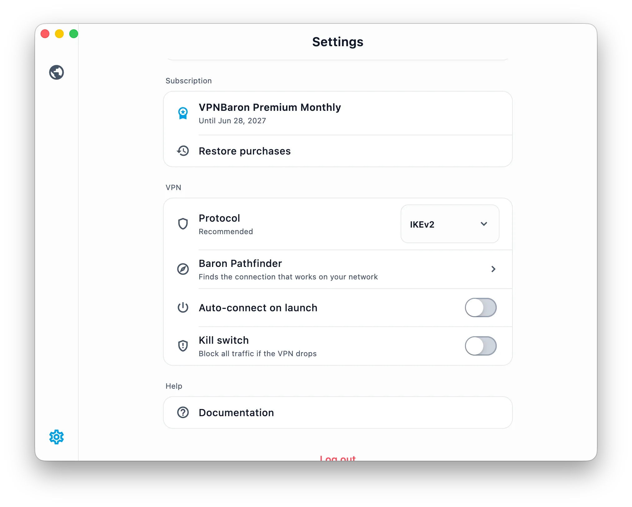 The app settings: protocol picker, Baron Pathfinder and the kill switch