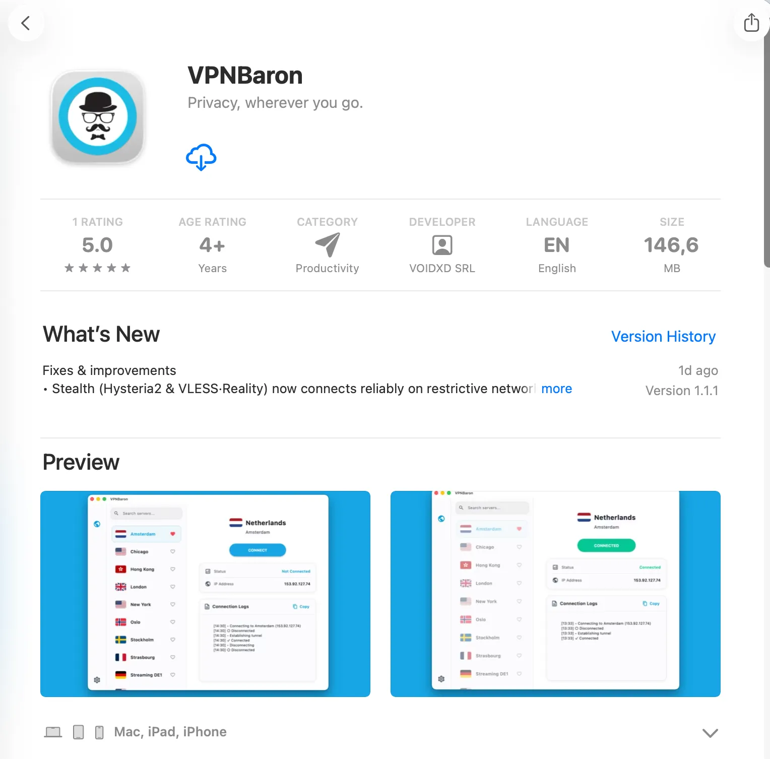 The VPNBaron listing in the Mac App Store