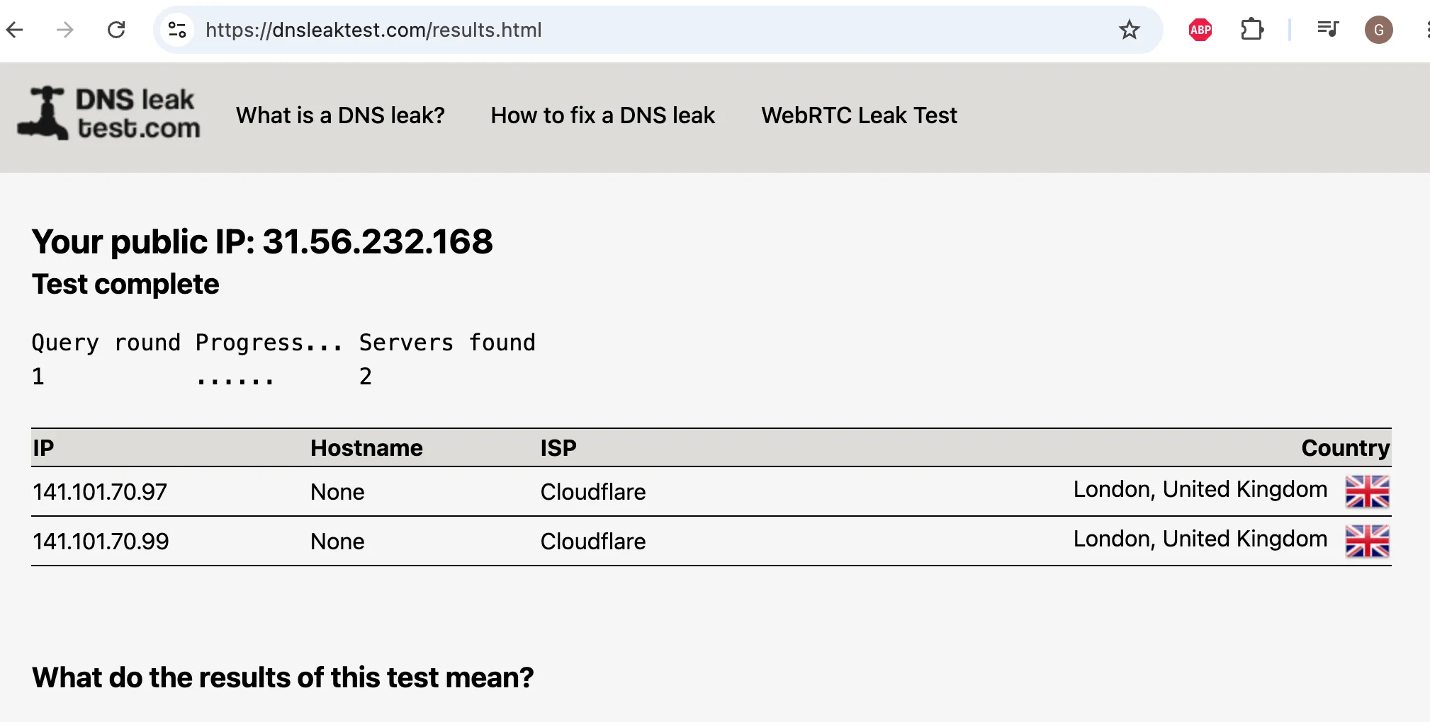 DNS leak test while connected: resolvers match the VPN exit, nothing from our ISP