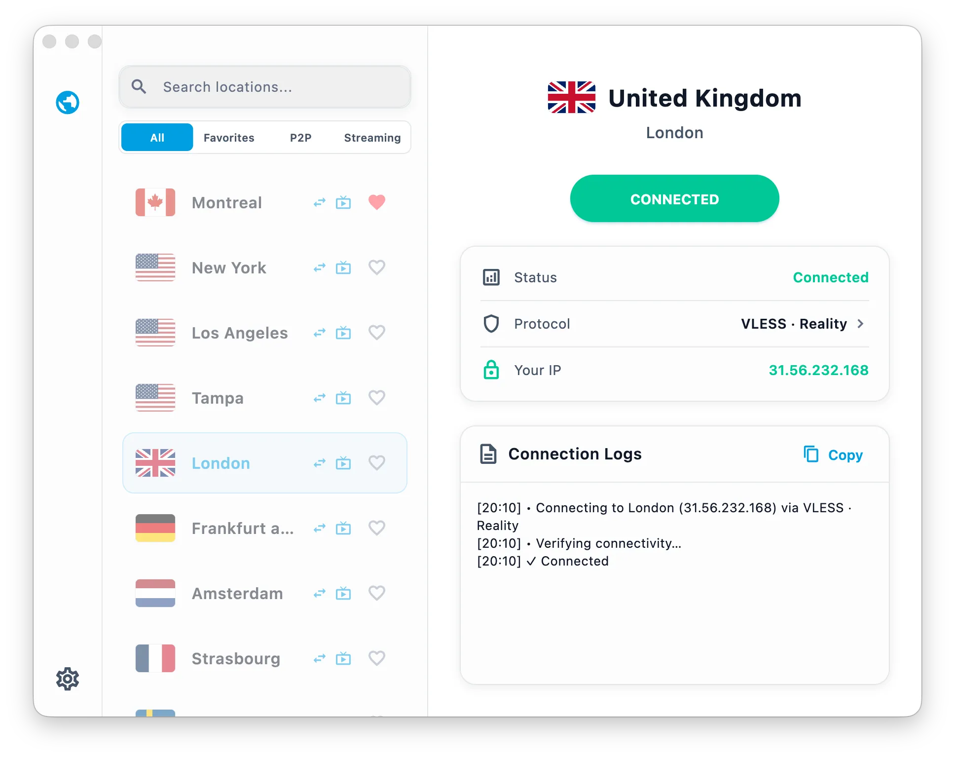 Connected to London over VLESS Reality
