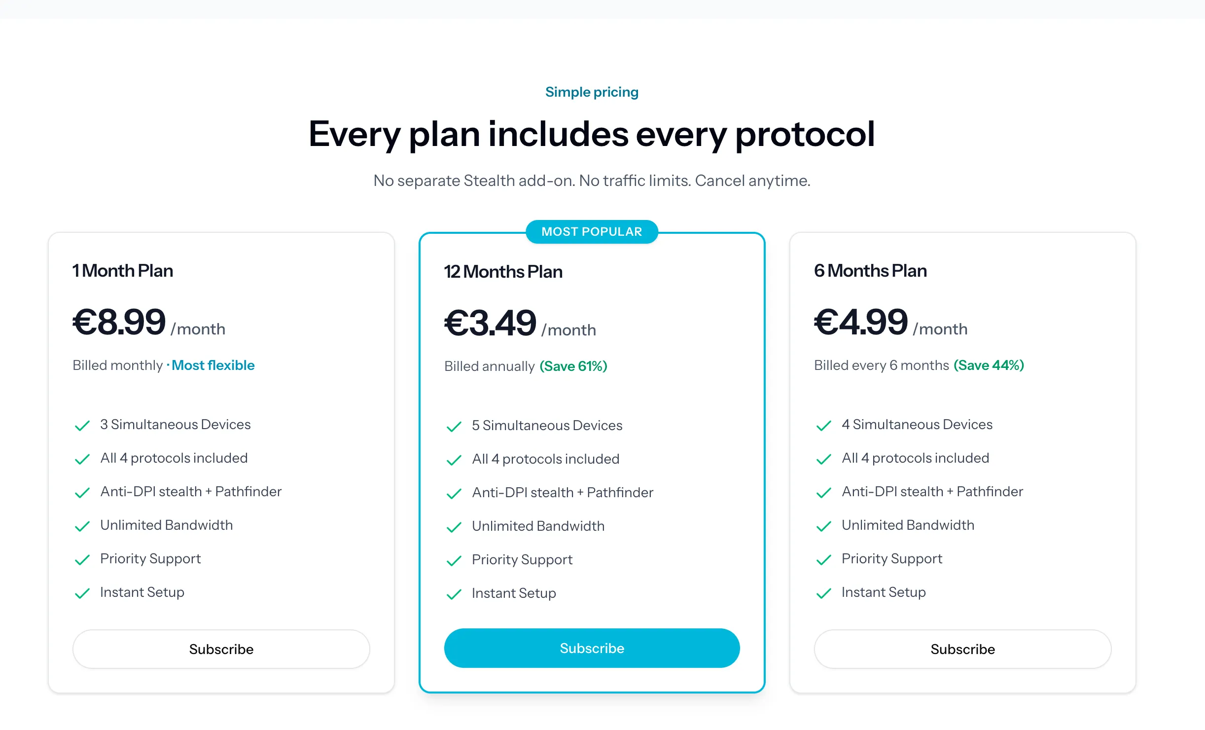 VPNBaron pricing: every plan includes every protocol